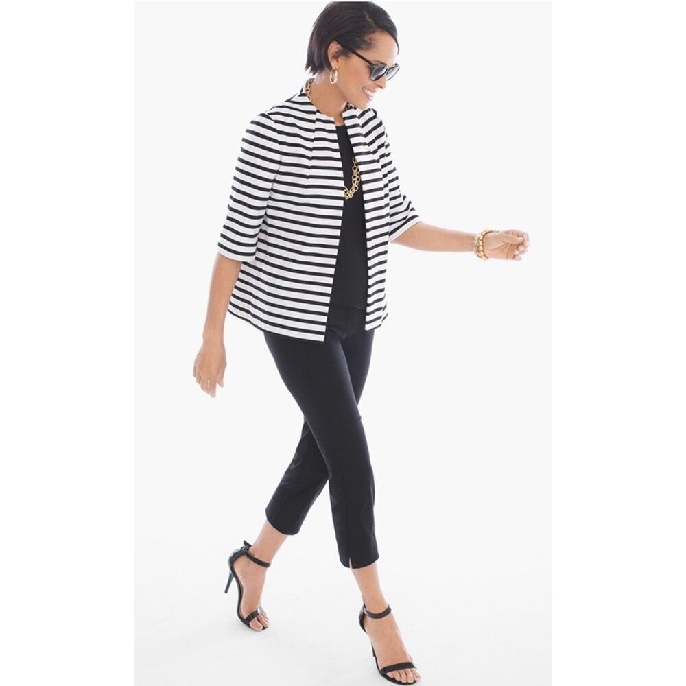 Chico’s Black White Striped Spring Ponte Open Front Blazer Jacket Womens Size 8